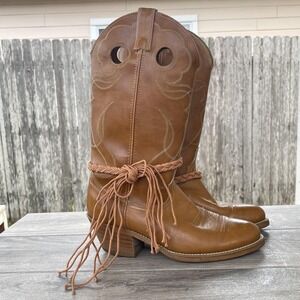 ACME Western Cowboy Boots Women 7.5 D Brown Leather Fringe Rope Stacked Heel USA